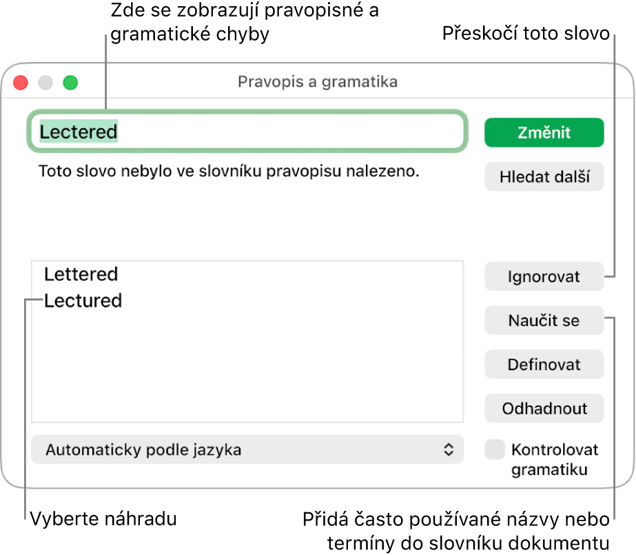 Okno Pravopis a gramatika