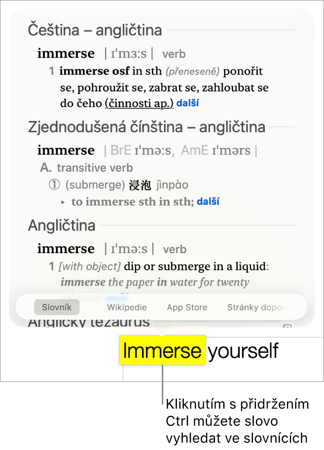 Text se zvýrazněným slovem a okno s definicí a záznamem v tezauru. Tři tlačítka u spodního okraje okna poskytují odkazy na slovník, Wikipedii a webové stránky navrhované Siri.