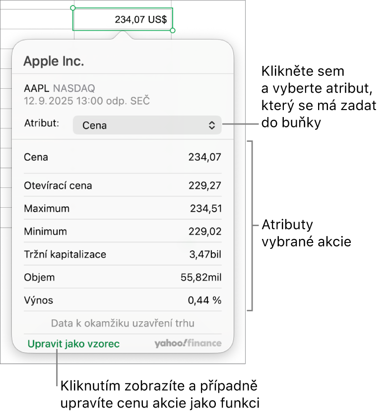 Dialogové okno pro zadávání informací o atributech akcií s vybranými akciemi Applu