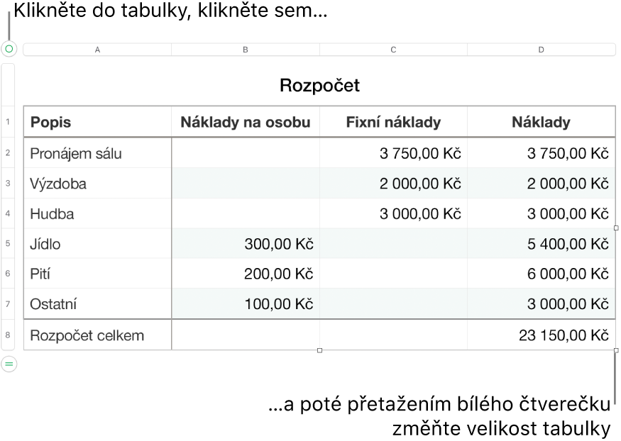 Vybraná tabulka s bílými čtverečky pro změnu velikosti