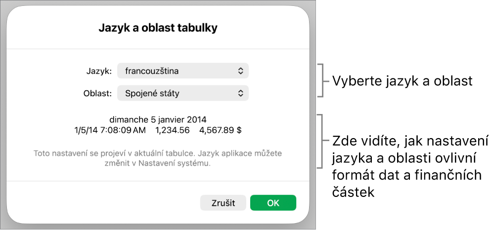 Panel Jazyk a oblast obsahující ovládací prvky pro jazyk a oblast a ukázku formátu, včetně data, času, desetinného oddělovače a měny.