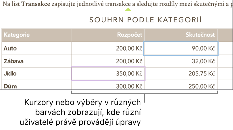 Kurzory nebo výběry v odlišných barvách ukazují, kde jiné osoby provádějí úpravy