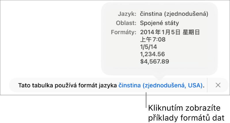 Upozornění na odlišné nastavení jazyka a oblasti s ukázkami formátování pro daný jazyk a oblast
