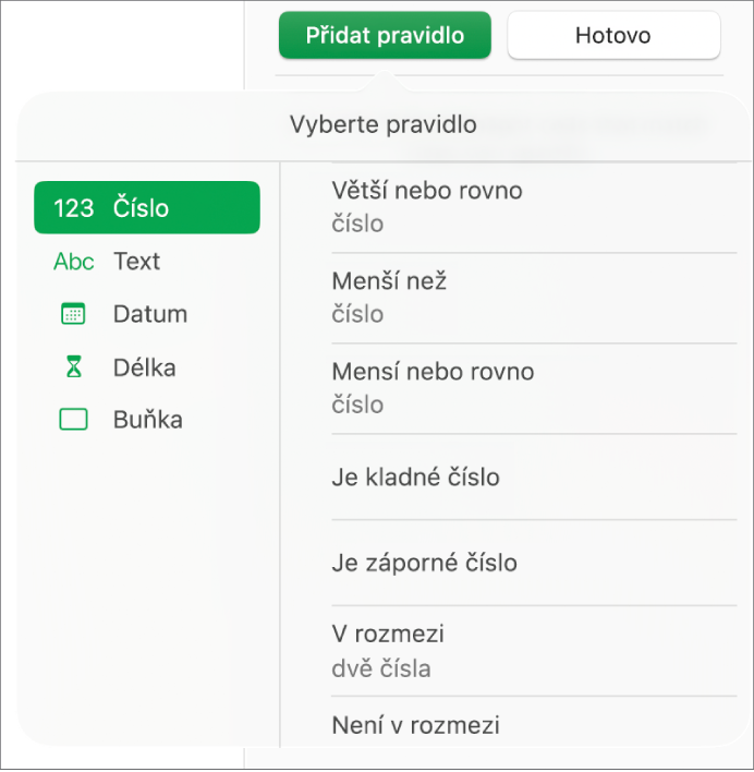 Typy zvýrazňovacích pravidel pro buňky.