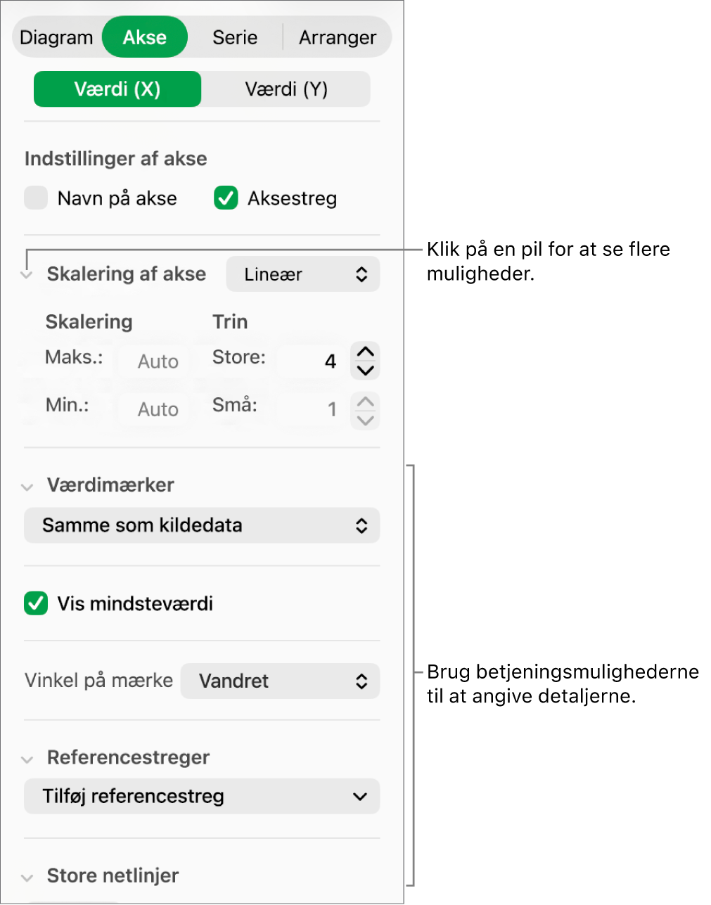 Betjeningsmuligheder til formatering af aksemærker i diagrammer.