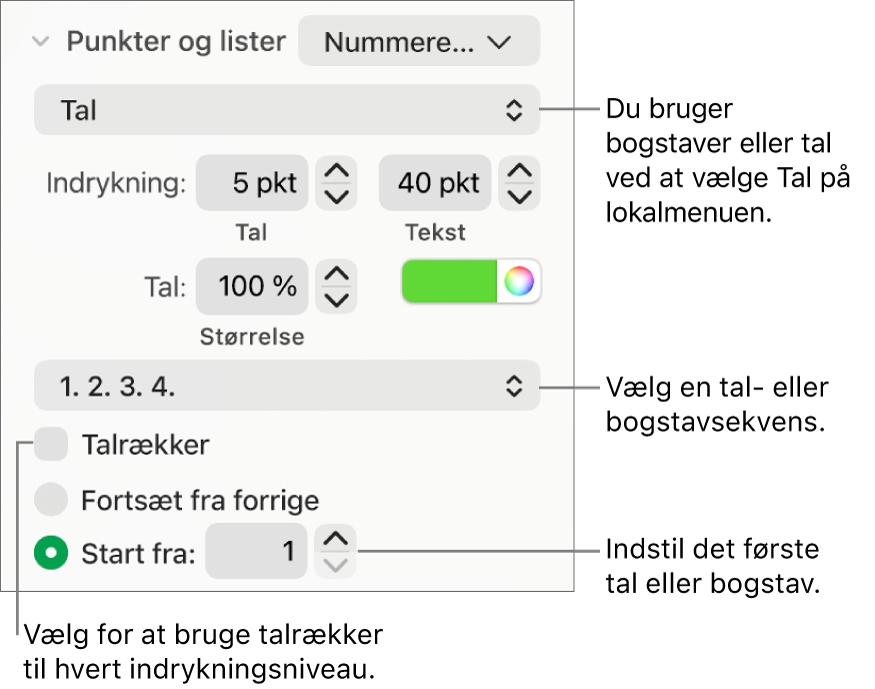 Betjeningsmuligheder til ændring af en listes talformat og afstand.