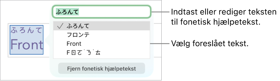 Den fonetiske hjælp åben til et ord med billedforklaringer til tekstfeltet og den foreslåede tekst.