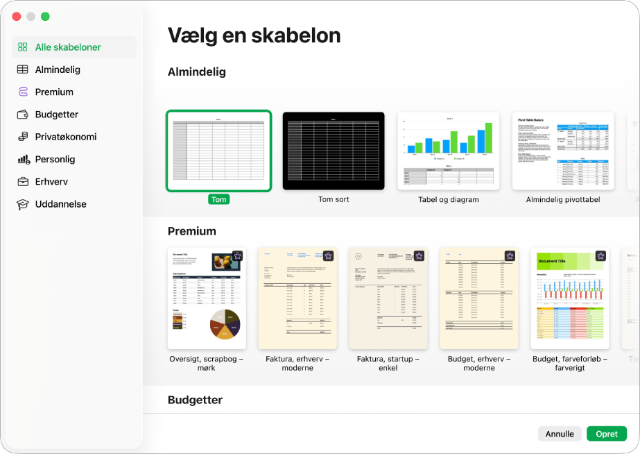 Skabelonvælgeren. I en indholdsoversigt til venstre ses skabelonkategorier, du kan klikke på for at filtrere mulighederne. Til højre vises miniaturer af færdige skabeloner opstillet i rækker efter kategori med Almindelig øverst efterfulgt af Personlig økonomi og Personlig. Knapperne Annuller og Opret ses i nederste højre hjørne.
