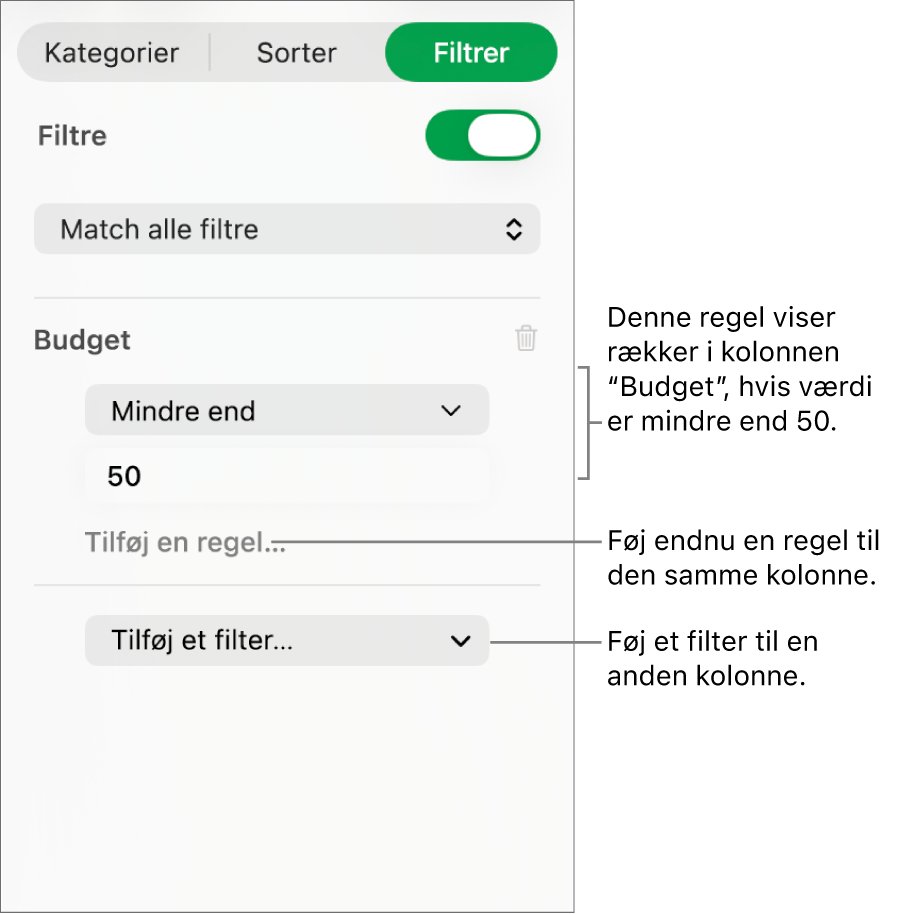 Betjeningsmuligheder til oprettelse af filtreringsregler.