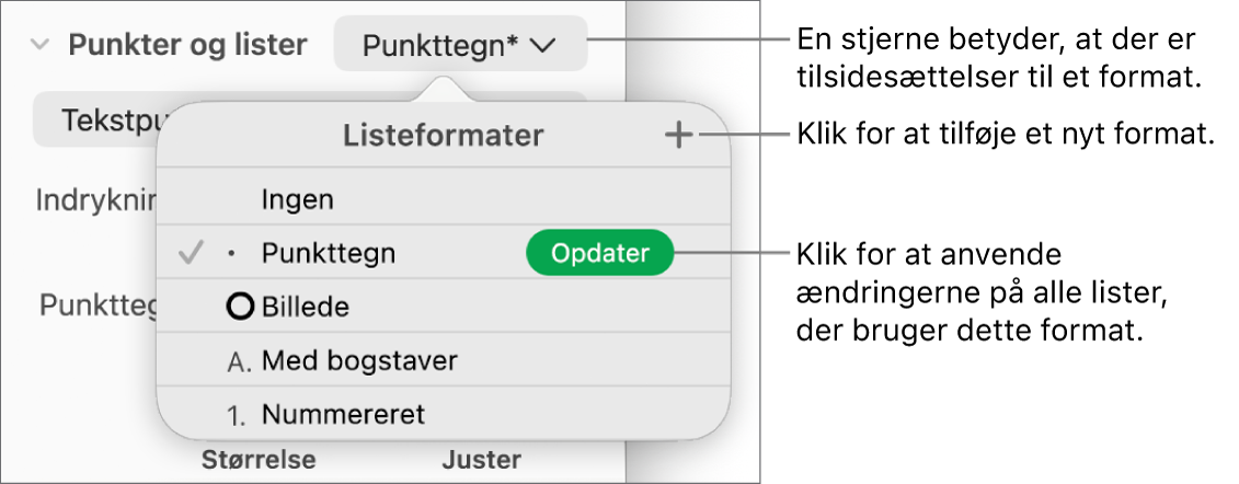 Lokalmenuen Listeformater med en stjerne, der viser en tilsidesættelse, en billedforklaring til knappen Nyt format og en undermenu med muligheder til styring af formater.
