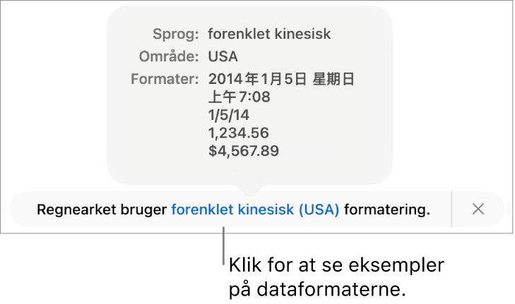 Notifikationen om de forskellige indstillinger af sprog og område, der viser eksempler på den formatering, som hører til sproget og området.
