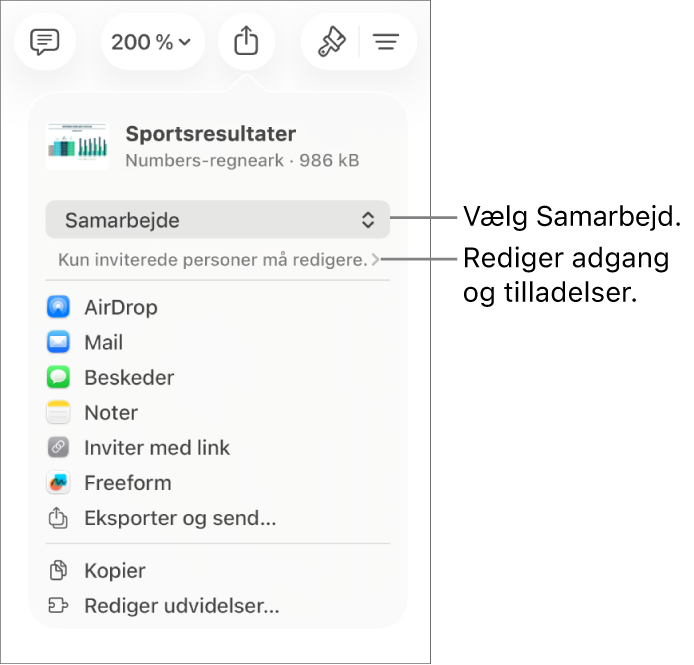 Menuen Del med Samarbejde valgt øverst og adgangs- samt tilladelsesindstillinger nedenunder.