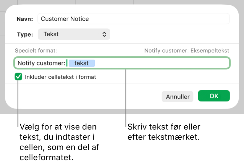 Specielt format til tekstceller.