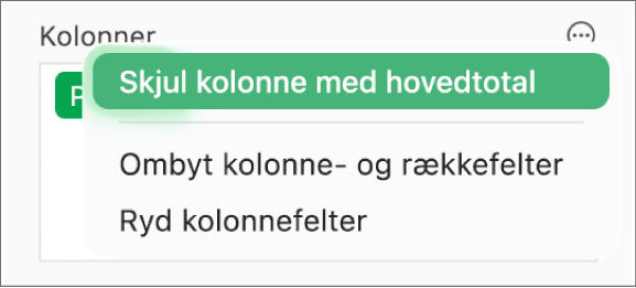 Menuen Flere feltindstillinger, der viser betjeningsmulighederne for at skjule hovedtotaler, bytte kolonne- og rækkefelter og rydde felter.