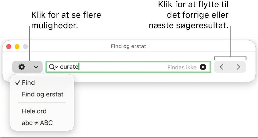 Vinduet Find & erstat med lokalmenuen, der viser mulighederne Find, Find & erstat, Hele ord og abc ≠ ABC. Med pilene til højre kan du hoppe til de forrige eller næste søgeresultater.