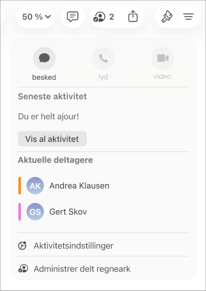 Samarbejdsmenuen, der viser navnene på de personer, der samarbejder om regnearket.