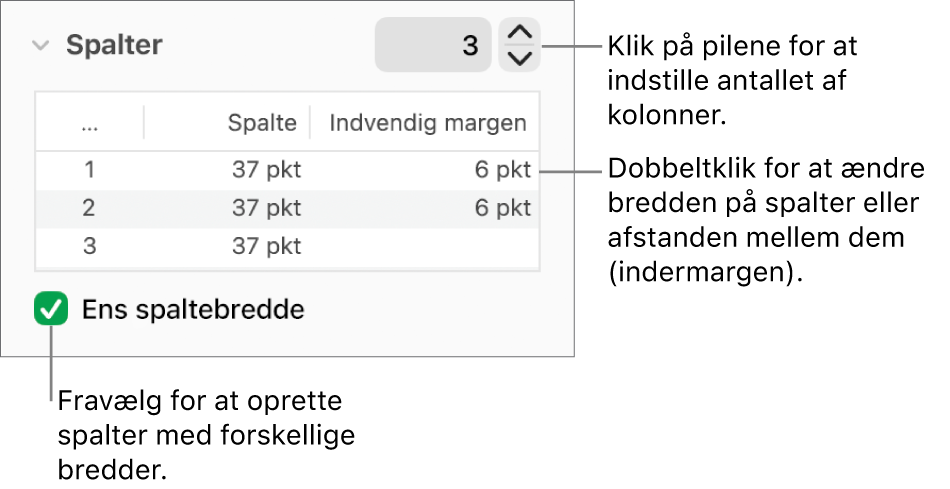 Betjeningsmuligheder under spalter til ændring af antallet af spalter og bredden på hver spalte.