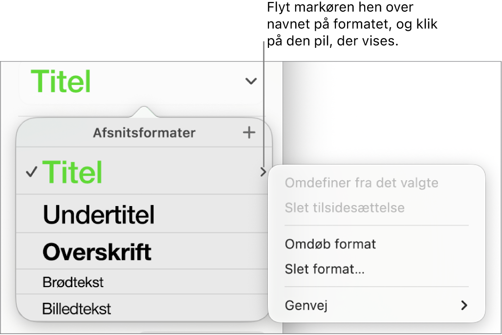 Menuen Afsnitsformater med åben genvejsmenu.