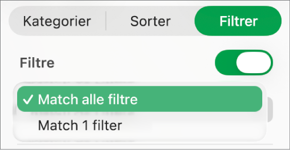 Lokalmenuen, hvor du kan vælge mellem at vise rækker, der opfylder alle filtre eller nogle af dem.