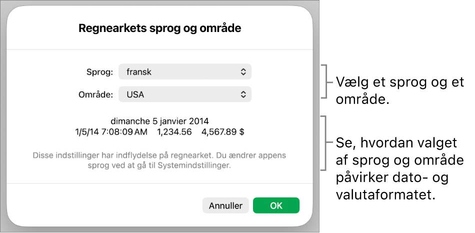 Vinduet Sprog & område med betjeningsmuligheder til sprog og område og et formateksempel, der viser dato, tid, decimaltegn og valuta.