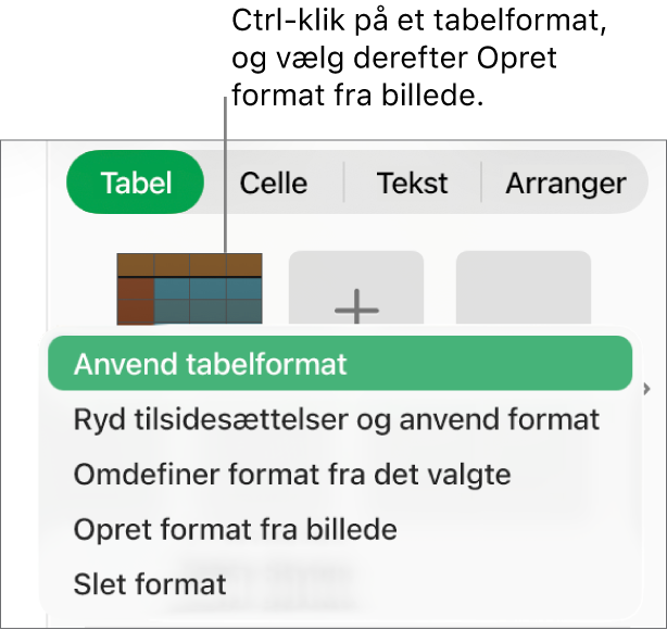 Genvejsmenuen til tabelformater.
