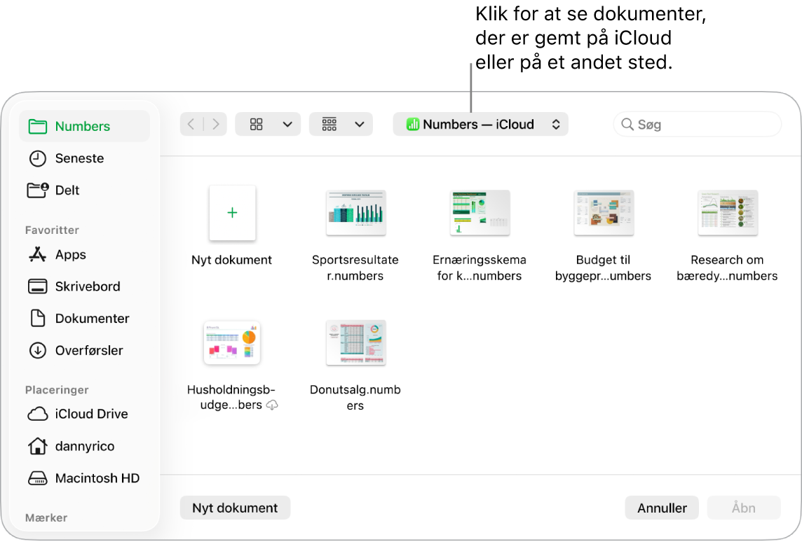 Dialogen Åbn med indholdsoversigten åben til venstre og iCloud Drive valgt på lokalmenuen øverst. Mapper til Keynote, Numbers og Pages vises i dialogen sammen med knappen Nyt dokument.