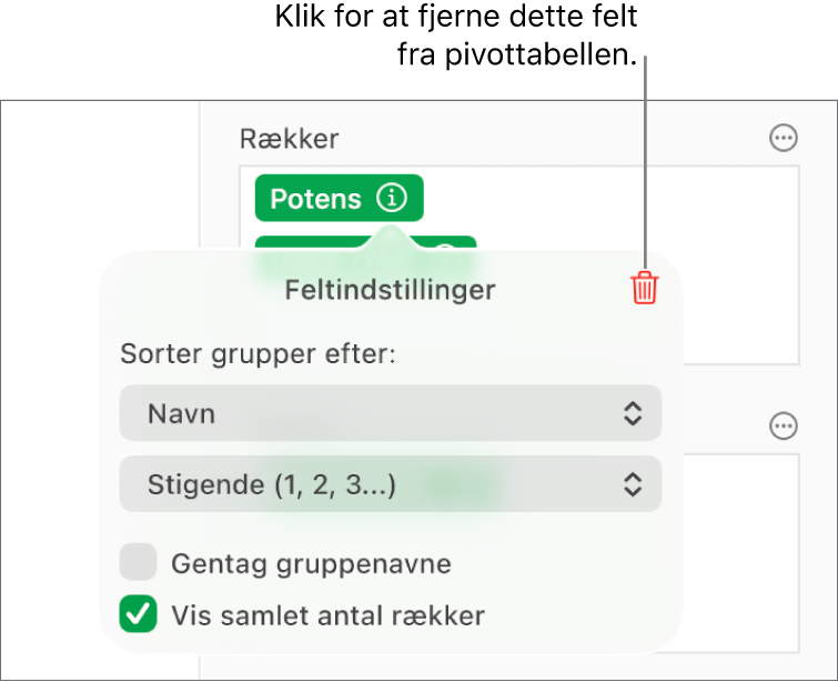 Menuen Feltindstillinger, der viser betjeningsmulighederne til at gruppere og sortere data samt muligheden for at fjerne et felt.