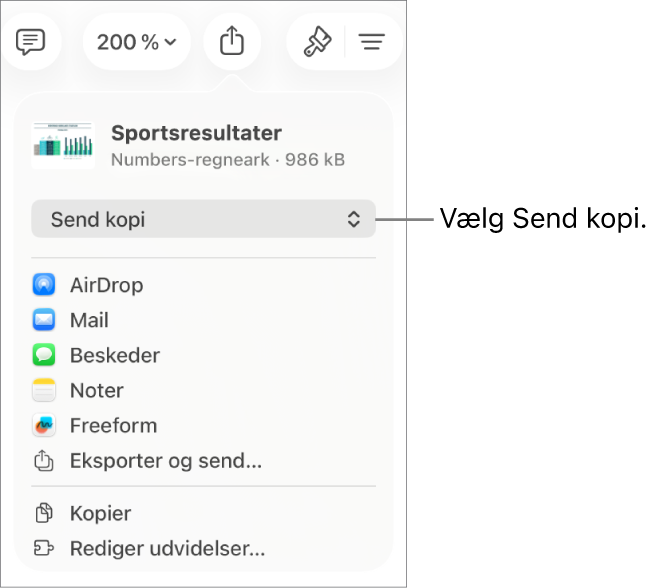 Menuen Del, hvor Send kopi er valgt øverst.