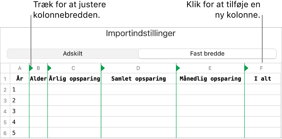 Importindstillingerne til et tekstarkiv med fast bredde.