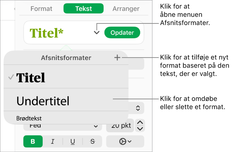 Menuen Afsnitsformater med betjeningsmuligheder til tilføjelse eller ændring af et format.
