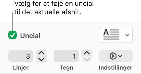 Afkrydsningsfeltet Uncial er valgt, og til højre for det vises en lokalmenu. Under det vises betjeningsmuligheder til indstilling af linjehøjde, antal tegn og andre indstillinger.