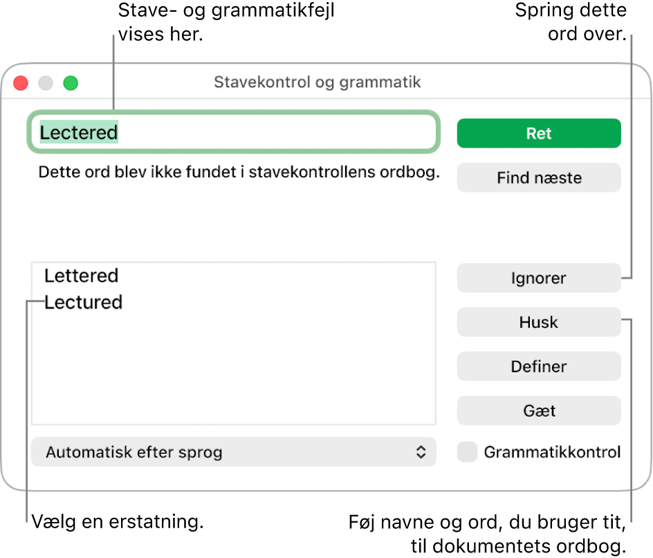 Vinduet Stavekontrol og grammatik.