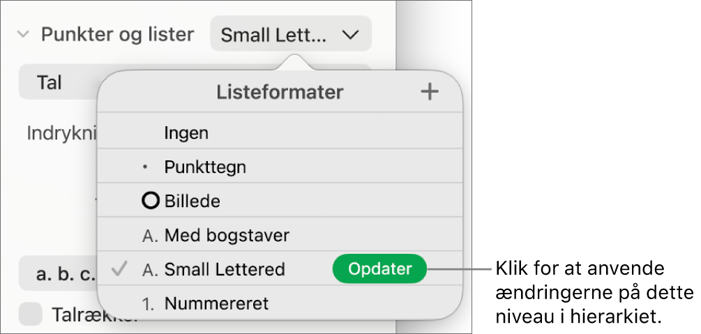 Lokalmenuen Listeformater med knappen Opdater ud for navnet på det nye format.