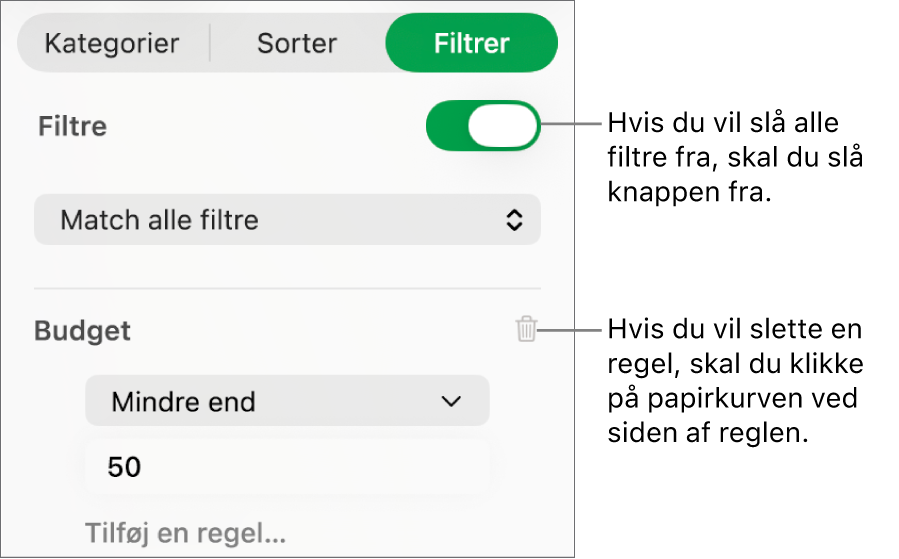 Betjeningsmuligheder til sletning af et filter eller til at slå alle filtre fra.
