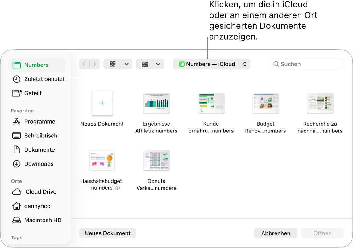 Das Dialogfenster „Öffnen“ mit der geöffneten Seitenleiste links und dem Einblendmenü oben, in dem iCloud Drive ausgewählt ist. Im Dialogfenster werden die Ordner für Keynote, Numbers und Pages und die Taste „Neues Dokument“ angezeigt.