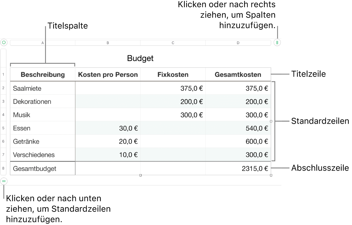 Eine Tabelle mit Titel-, Standard- und Abschlusszeilen und Spalten sowie mit Aktivpunkten zum Hinzufügen oder Löschen von Zeilen oder Spalten.
