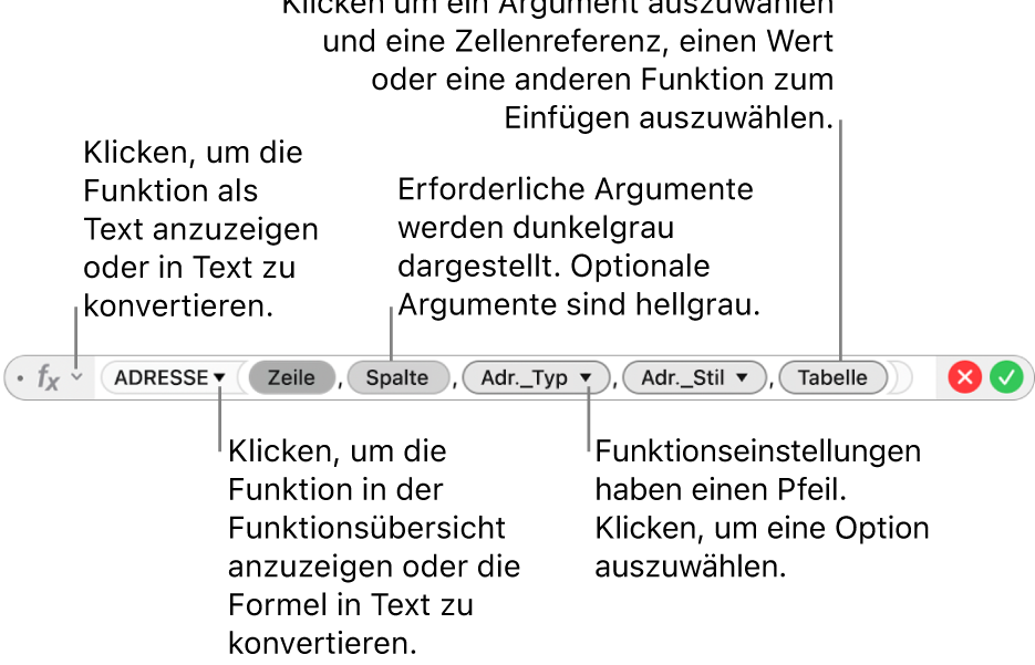 Der Formeleditor mit der Funktion ADRESSE und ihren Argument-Token
