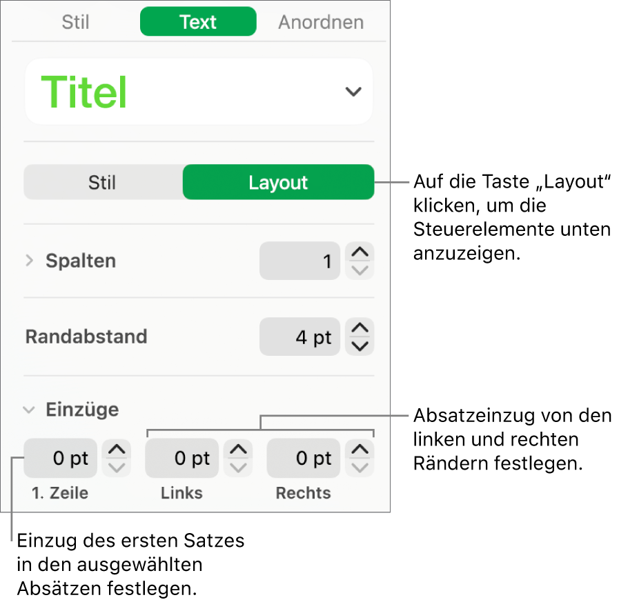 Der Abschnitt „Layout“ der Seitenleiste „Format“ mit Steuerelementen zum Festlegen des Einzugs der ersten Zeile und der Absatzränder.