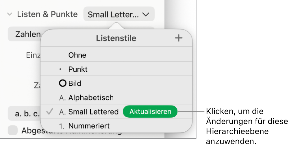 Das Einblendmenü „Listenstile“ mit der Taste „Aktualisieren“ neben dem Namen des neuen Stils
