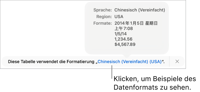 Die Mitteilung zur anderen Sprache und Region mit Beispielen der Formatierung in dieser Sprache und Region.