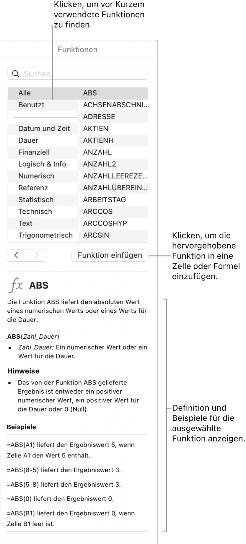 Die Funktionsübersicht mit Beschreibungen für die zuletzt verwendeten Funktionen, der Taste „Funktion einfügen“ und der Definition der Funktion.