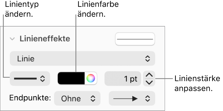 Steuerelemente zum Festlegen der Endpunkte, der Linienstärke und der Farbe