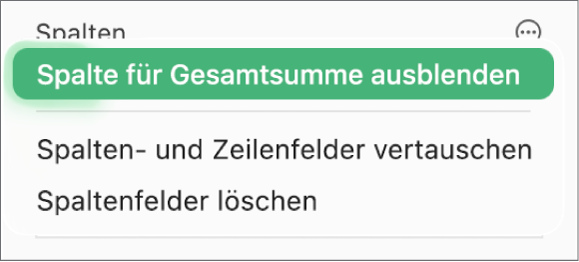 Das Menü „Feldoptionen“ mit Steuerelementen zum Ausblenden der Gesamtsummen, zum Vertauschen der Spalten- und Zeilenfelder und zum Löschen von Feldern.
