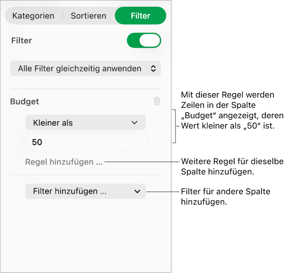 Steuerelemente zum Erstellen von Filterregeln.