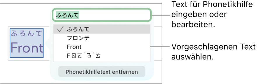 Die geöffnete Phonetikhilfe für ein Wort mit Beschreibungen für das Textfeld und einen Textvorschlag