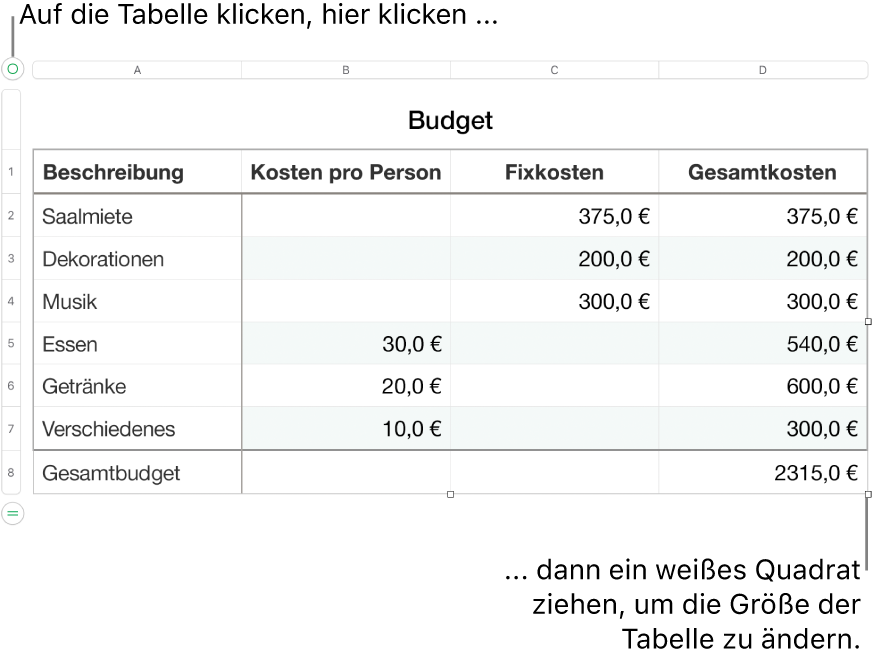 Eine ausgewählte Tabelle mit weißen Quadraten zum Ändern der Größe