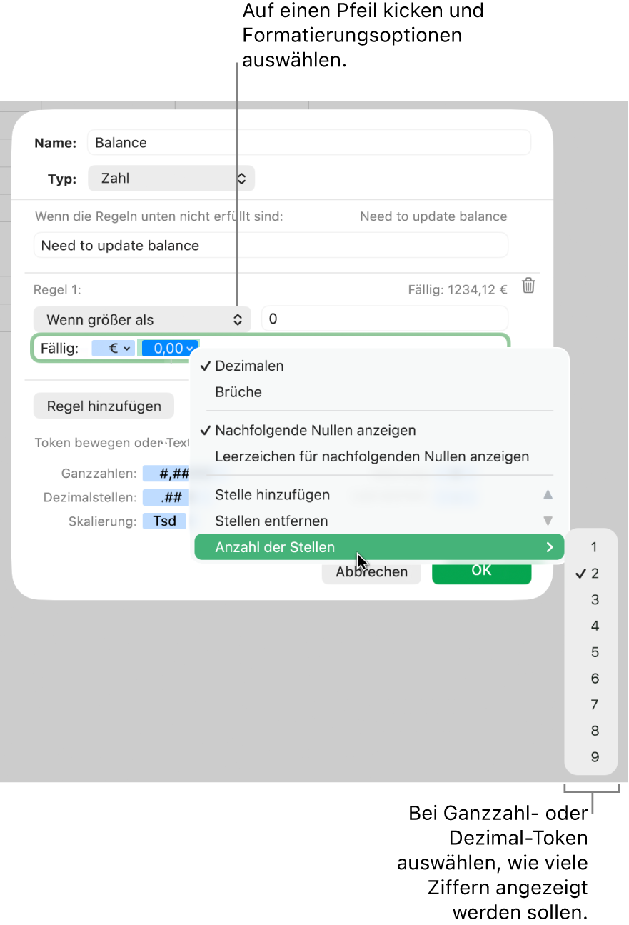 Das Fenster für ein eigenes Zellenformat mit Steuerelementen zum Auswählen eigener Formatierungsoptionen