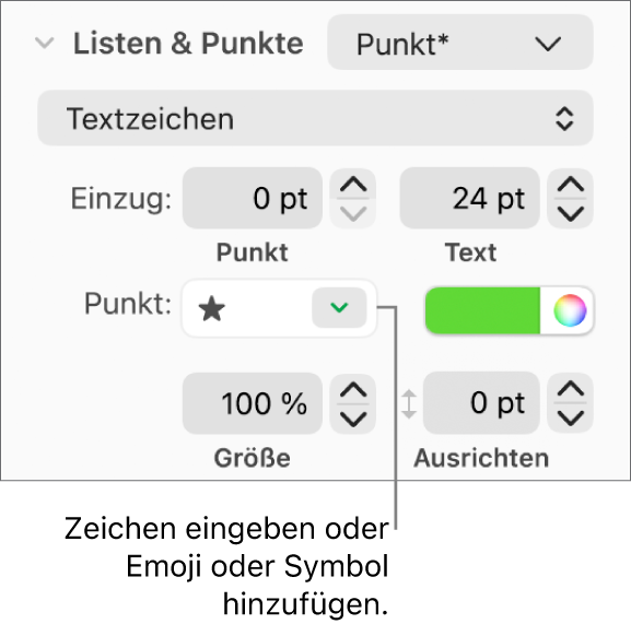 Der Abschnitt „Listen & Punkte“ in der Seitenleiste „Format“ Das Feld „Punkt“ mit einem Stern-Emoji