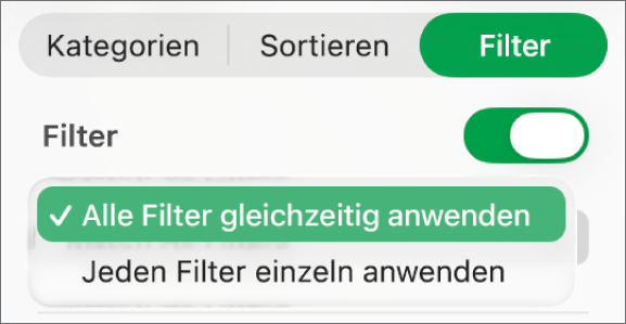 Das Einblendmenü, in dem zwischen dem Anzeigen von Zeilen, die allen oder beliebigen Filtern entsprechen, gewählt werden kann.