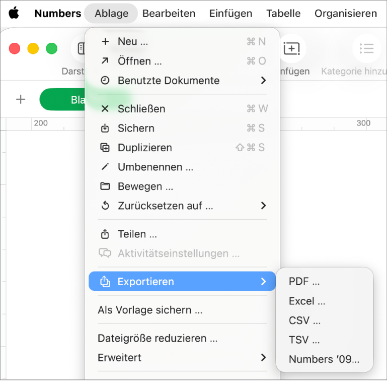 Das geöffnete Menü „Ablage“ mit ausgewählter Option „Exportieren“ mit dem Untermenü, in dem Exportoptionen wie „PDF“, „Excel“ und „CSV“ angezeigt werden